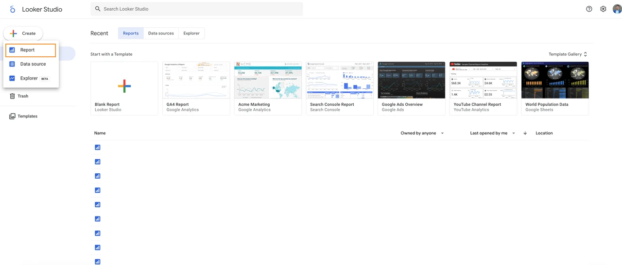 The Looker Studio home screen with the Create button open, showing its three options: Report highlighted, Data source and Explorer, above a row of starter templates